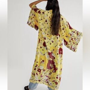 New Free People Hidden Hills O/S Yellow Red Floral Long Open Kimono Duster